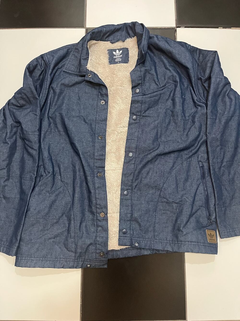 Adidas Originals Chambray Sherpa Jacket navy blue cream fleece lining Size L